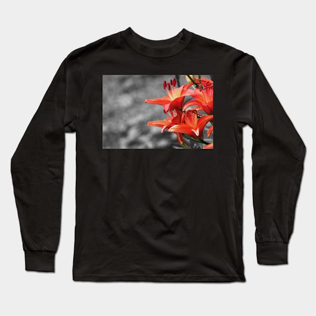 Orange Lily Flower Blossom, black and white photography Long Sleeve T-Shirt by KINKDesign